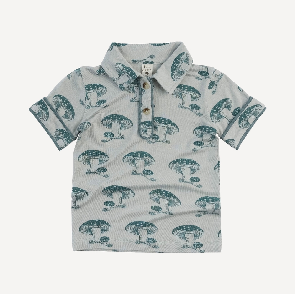 NWT 4T Kate Quinn 🍄 piped polo tee dark teal toadstool mushroom bamboo